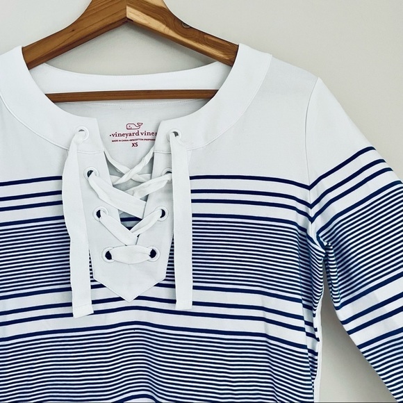 Vineyard Vines Blue White 3/4 Sleeve Striped Cotton Blend Lace Up Dress - Picture 7 of 14